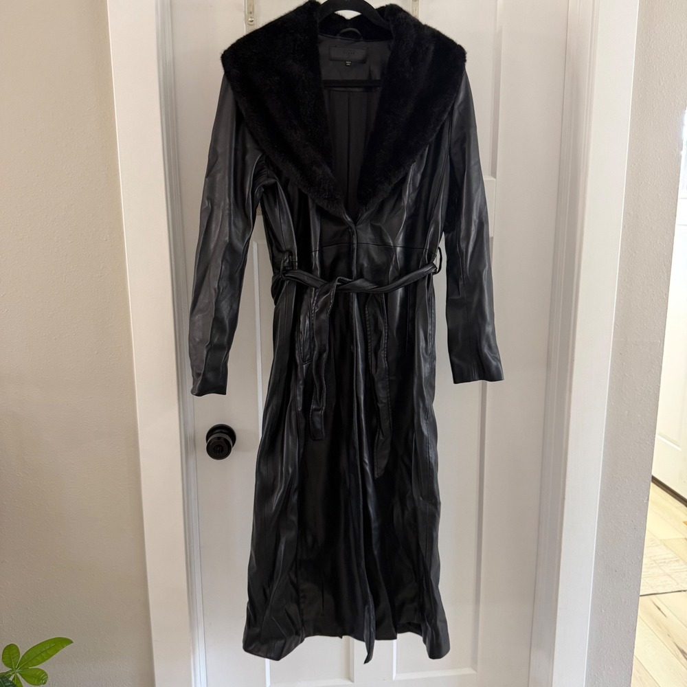 BLANKNYC Faux Leather Long‎ Trench Coat with Faux Fur Collar Black Small